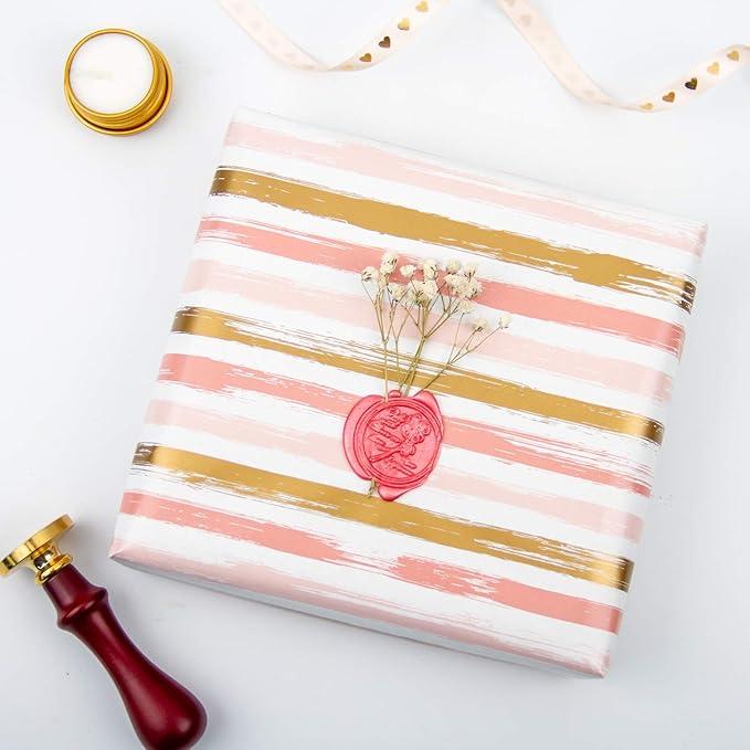 WRAPAHOLIC 30 Inch Reversible Wrapping Paper Roll - 30 Inch X 100 Feet Jumbo Roll Pink and Gold Lines Print for Birthday, Holiday, Wedding, Baby Shower and More Occasions