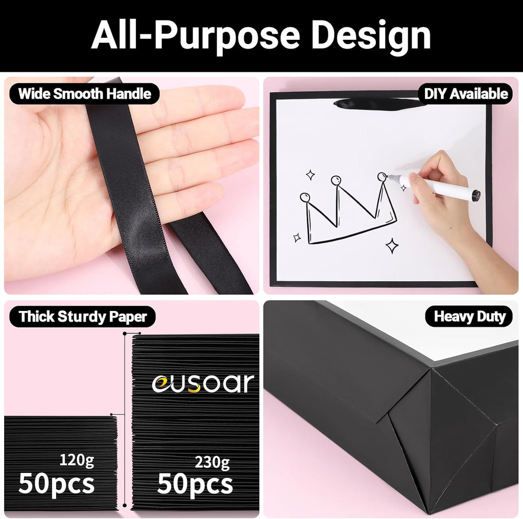 eusoar white&black gift bags, 50pcs 12.5"x4.5"x11" paper wrap, close-up detail