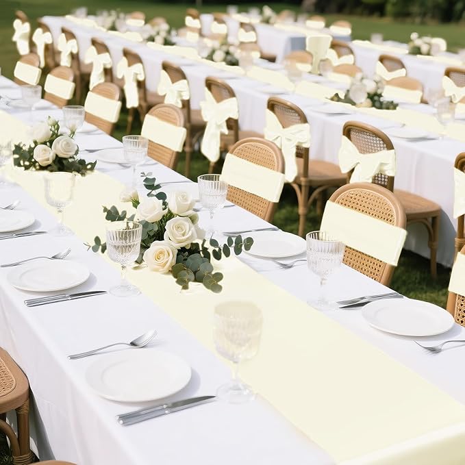 SHEJIZE 10 Pack White Satin Table Runner 12x108 Inches Long, Bright Silky Smooth Satin Table Runner Table Decor for Wedding Banquet Christmas Prom Event Birthday Party
