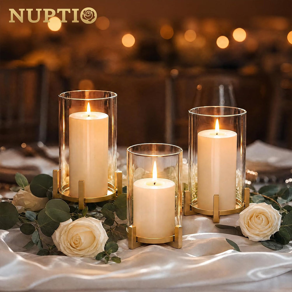 NUPTIO Gold Pillar Candle Holder: Hurricane Glass Candle Stands with Sleeve