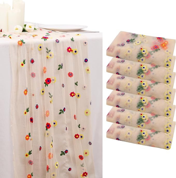 BINBE 6pcs Champagne Daisy Fall Table Runner Embroidery Gauze 10FT Florals Seasonal Tulle Holiday Birthday Kitchen Dining Table Decor for Home Party