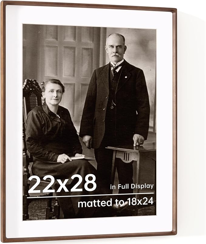 22x28 Frame with Mat to 18x24 Picture Frames USA-Sourced Natural Solid Walnut Wood Handcrafted Rounded Corner Display with Real Glass Family Picture, Wedding Photo