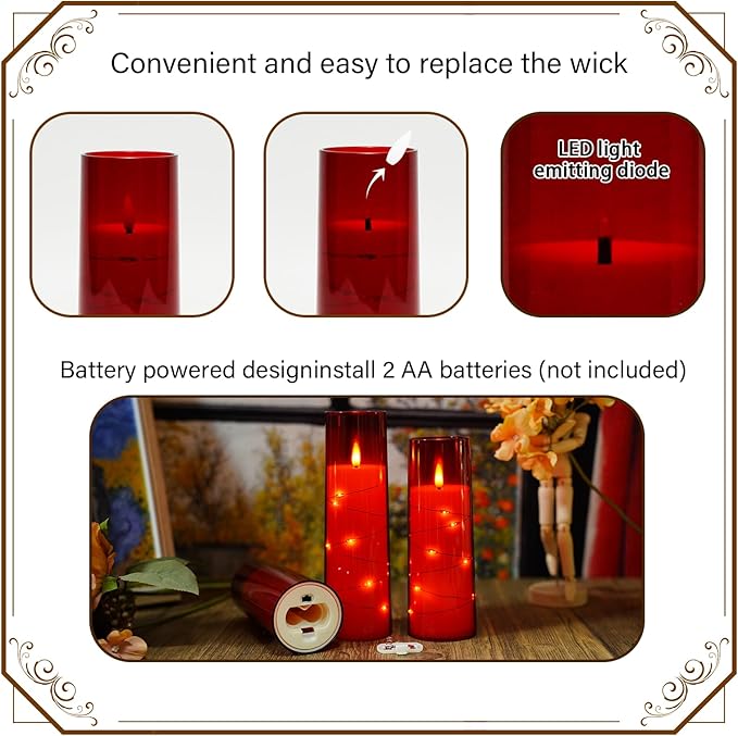 Flickering Flameless LED Candles,Battery Operated Candles 9 Pcs with Embedded Star String,Acrylic LED Pillar Candles with Remote,Suitable for Home Decoration to Create an Atmosphere（Red）