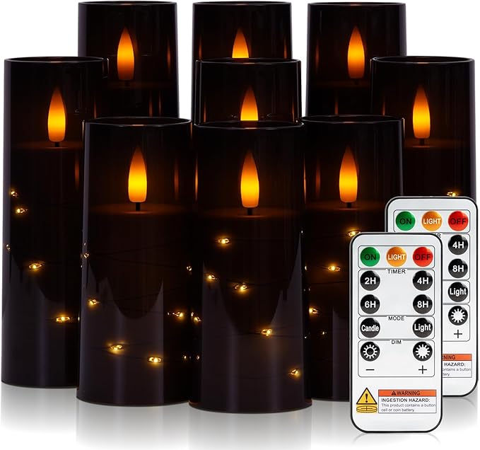 Raycare Flameless Candle with Remote Timer – 9 Flickering Acrylic Battery Operated LED Pillar Candles with Embedded Star String for Halloween, Home Decor, and as a Gift (Black) (9 Pcs)