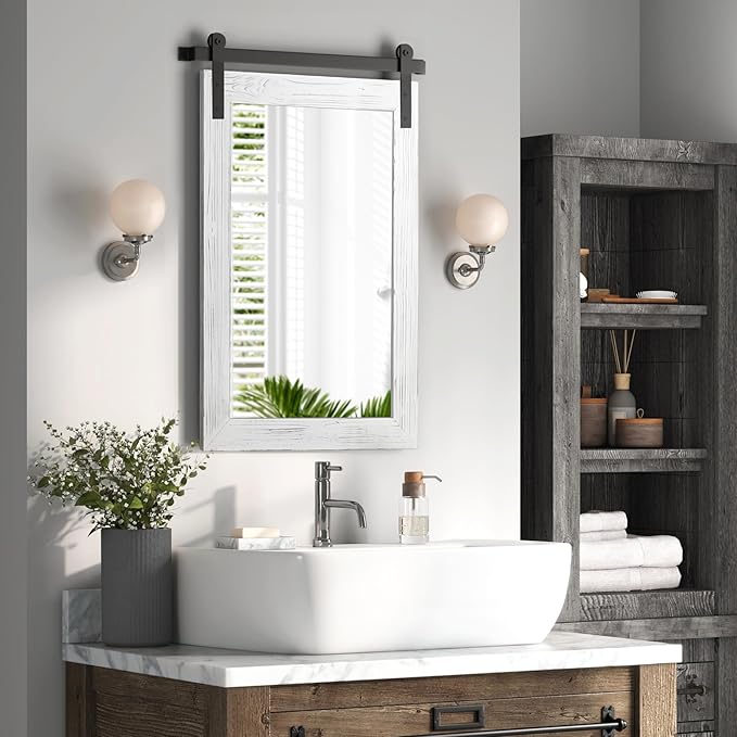 COGOOD Farmhouse Bathroom Mirror - 42 x 29 Rustic Barn Door Style Mirror for Living Room, Entryway, Vanity Wall Decor (White)