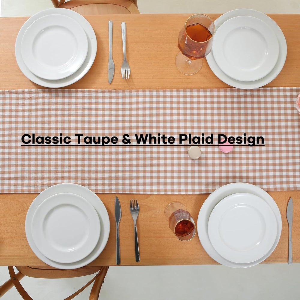 Taupe White Plaid Gingham Ruffle Table Runner Cabinet Cover 13"x120"
