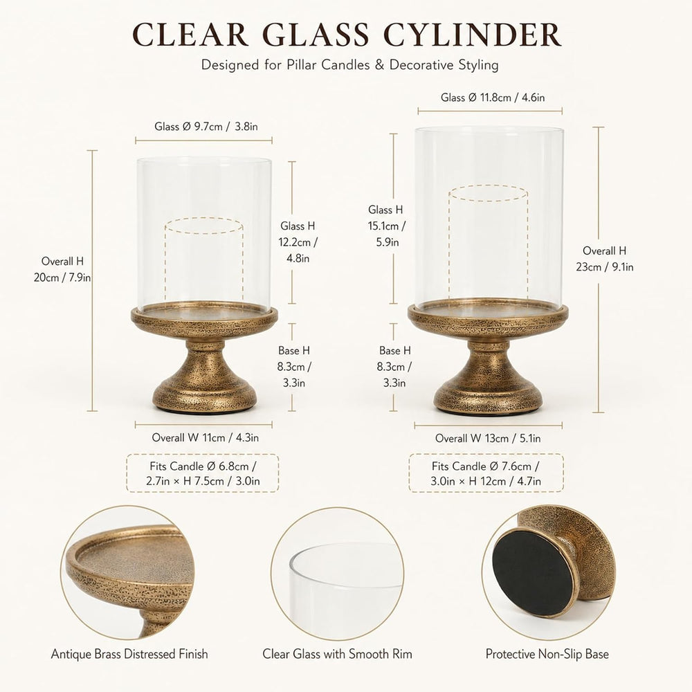 Hurricane Candle Holder with Glass Cylinder Antique Brass Iron Base