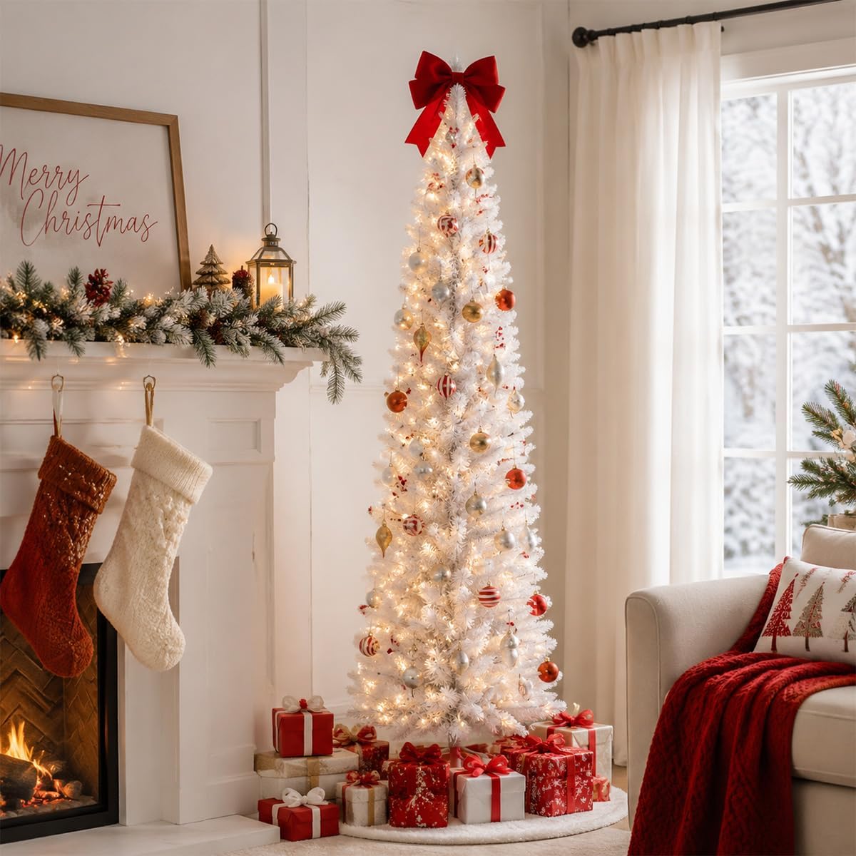 6ft white pre-lit slim artificial christmas tree shown in use