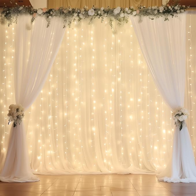 10ft x 10ft White Chiffon Backdrop Curtain with Lights String for Parites Wedding Wrinkle Free Curtain Photo Backdrops Drapes for Baby Shower Birthday Party Home Decorations