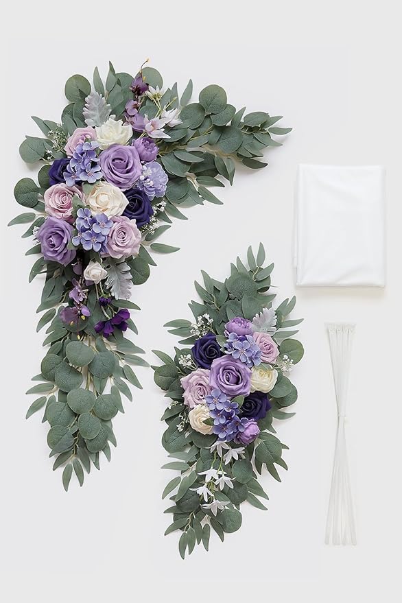 Lilac Artificial Wedding Arch Flowers Kit (Pack of 3) with 26Ft White Shiny Arch Draping Fabric for DIY Wedding Party Ceremony Reception Backdrop Floral Decoration