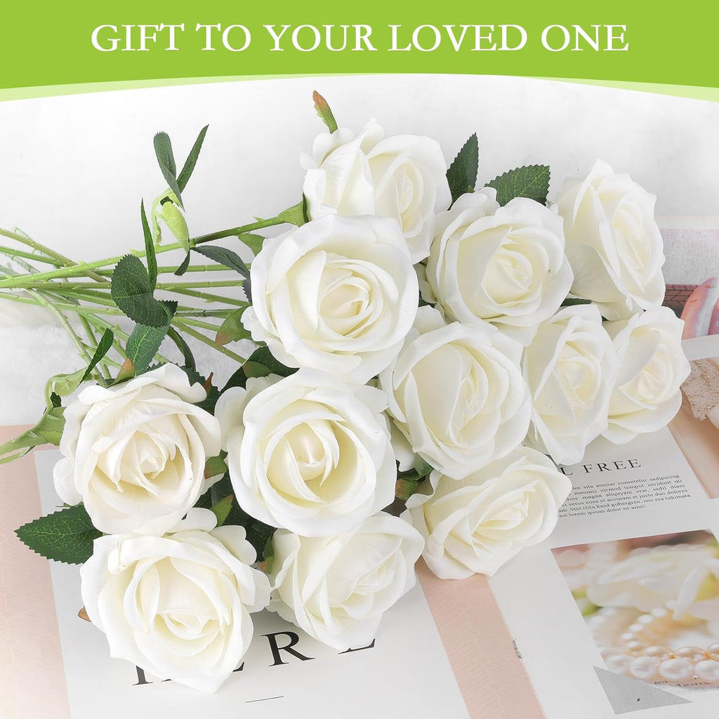 Hananona 50 Pcs Artificial Roses, Realistic Silk Flowers Bulk, White