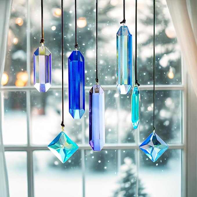 HDCRYSTALGIFTS Crystal Prisms Sun Catchers Hanging, 7PCS Blue Dreams Suncatcher Rainbow Maker Sun Catcher Indoor Window Home Garden Christmas Tree Decor