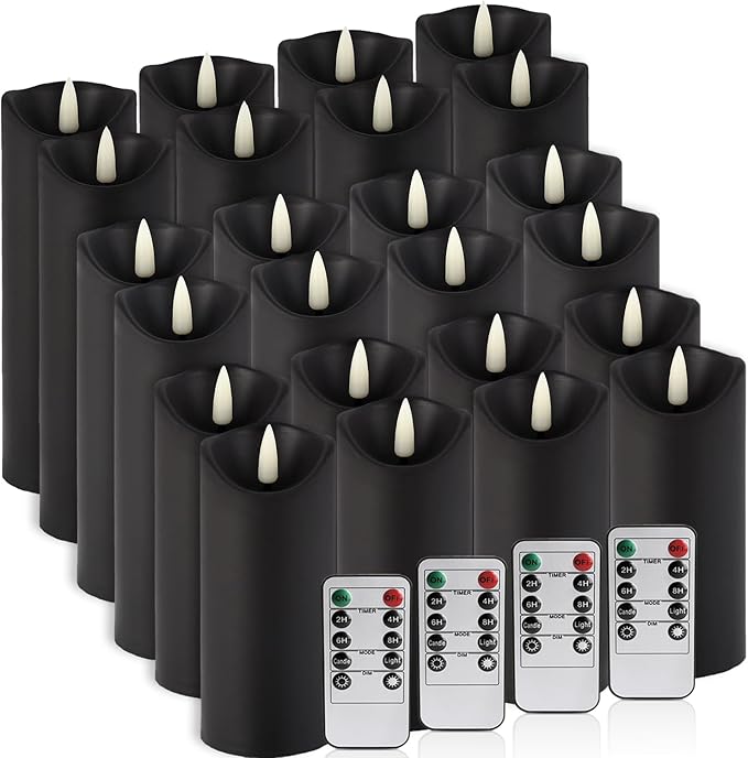 24-Pack Black Flameless LED Candles with Remote & Timer (3 Sizes) - Battery Operated Halloween Pillar Candles for Spooky Decor, Haunted House, Gothic Wedding, Holiday Centerpieces