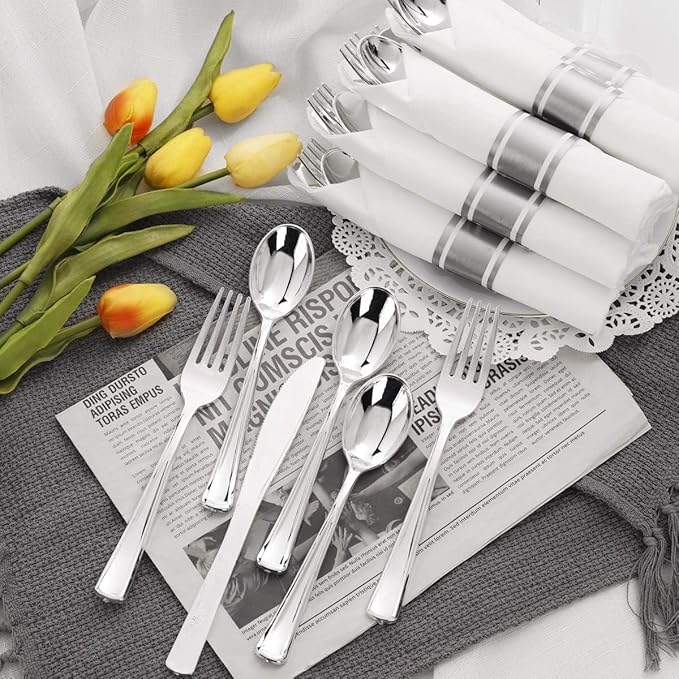 400PCS Pre Rolled Silver Plastic Silverware Sets - Heavy Duty Silver Cutlery - Include 100 Pack Wrapped Disposable Utensils with Napkins for Parties & Dinners & Weddings