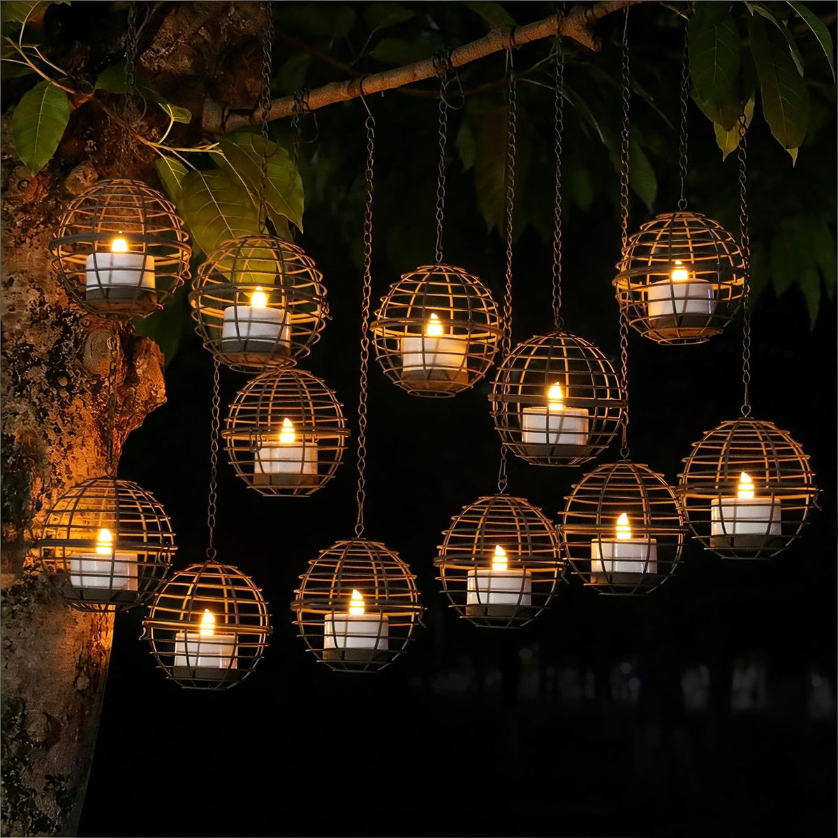 Large Solar Lights Outdoor Hanging Lanterns 12 Pack, Rustic Iron 4.3" Ball Solar Tea Lights with Flickering Flame Candle, Waterproof Hanging Lights for Backyard Patio Garden Fence Tree Pergola Décor