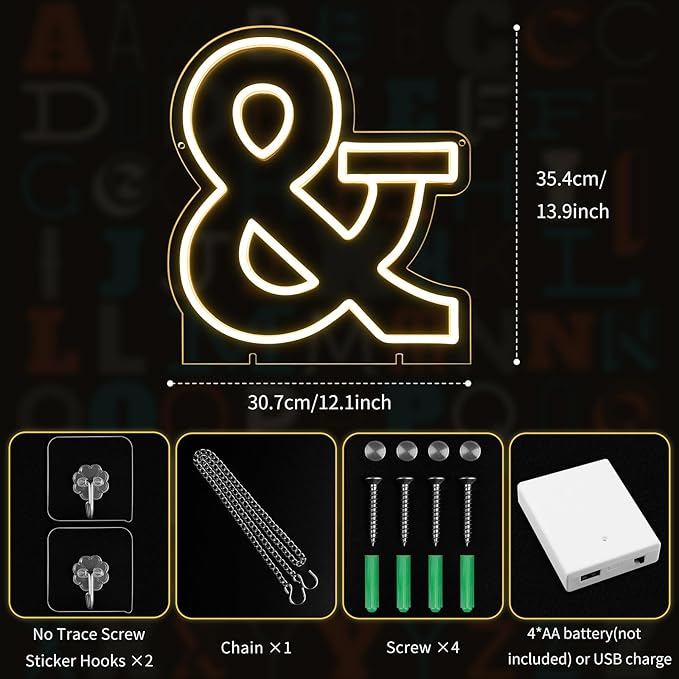 Light Up Letters &, Led Marquee Letter Lights Neon Sign, 13.9" Height Decorative Lighted Alphabet Number, Battery/USB Powered Led Letters Lights for Wedding, Birthday, Party, Christmas or Home Decor