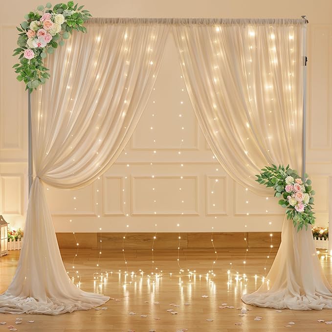 10ft x 7ft Champagne Chiffon Backdrop Curtain with Lights String for Parites Wedding Wrinkle Free Curtain Photo Backdrops Drapes for Baby Shower Birthday Party Home Decorations