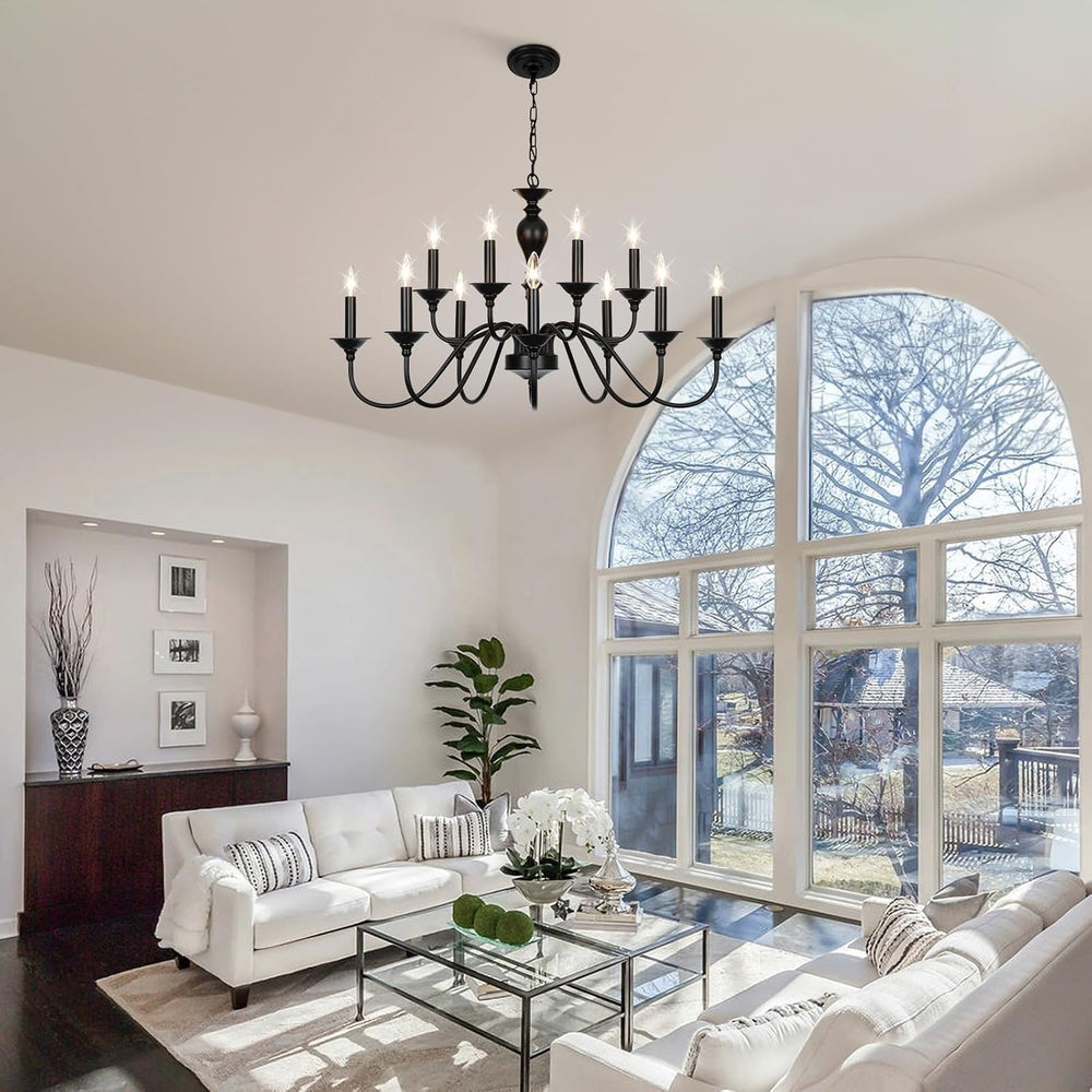 12-Light Black Farmhouse Chandeliers for Dining Room Light Fixture 37"
