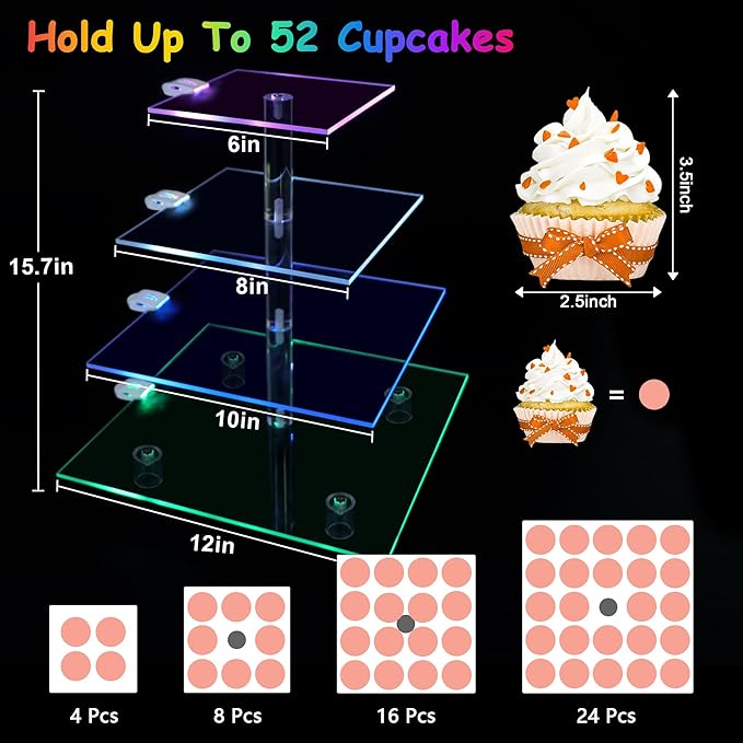 Rechargeable LED Cupcake Stand for 50 Cupcakes, 7 Colors Light Clear Cupcake Holder, 4 Tier Cupcake Tower, Acrylic Dessert Table Display Set for Weddings, Christmas, Birthday, Parties