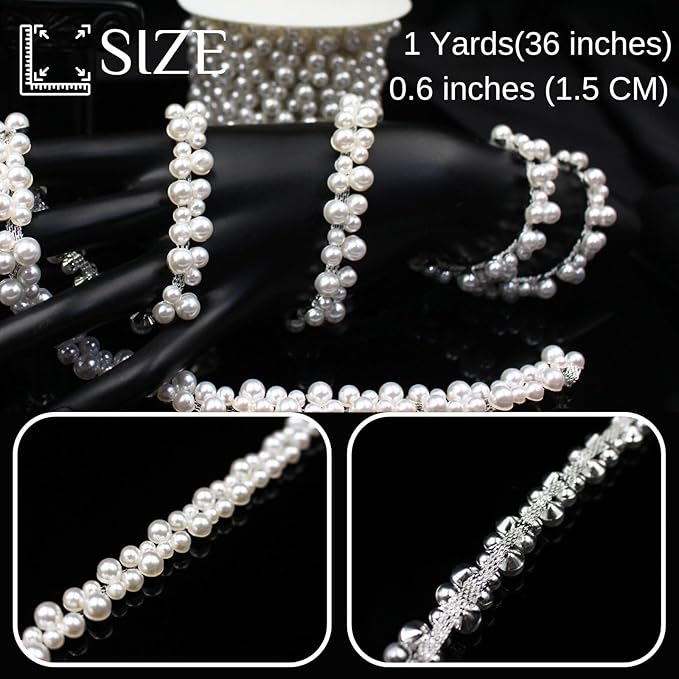 1 Yard Pearl Trim Chain String Silver Applique Fringe Ribbon Strips Beads Sewing Dress DIY Party Wedding Bouquet for Decoration Bridal Costume Embellishment