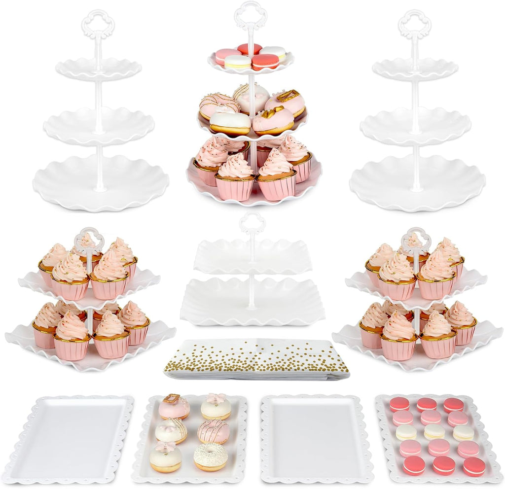 Pack of 11 NWK Cake Stand Set of Cupcake Stand, Tray & Table Cloth (White)