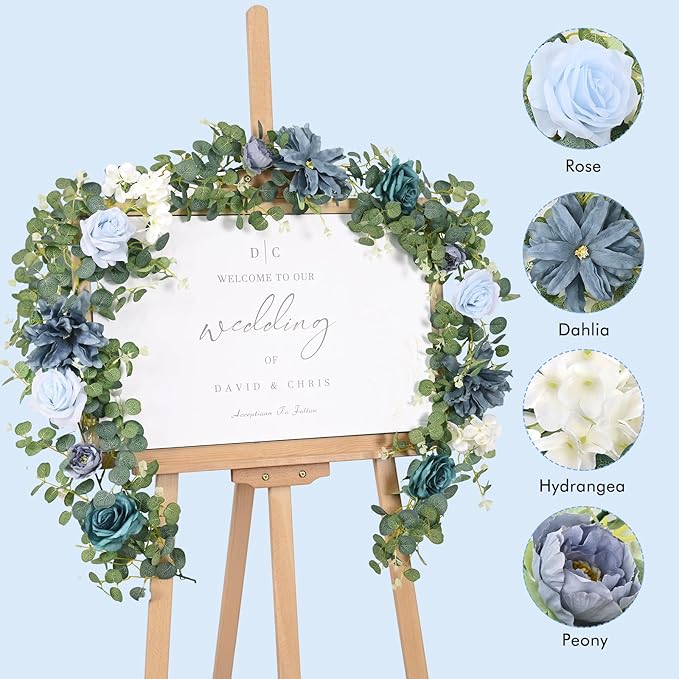 Waipfaru 2Pcs Artificial Eucalyptus Garland with Flowers 6.07Ft, Wedding Table Decorations, Floral Rose Garland for Centerpieces Backdrop Wall Flower Vines for Room Decor (Dusty Blue)