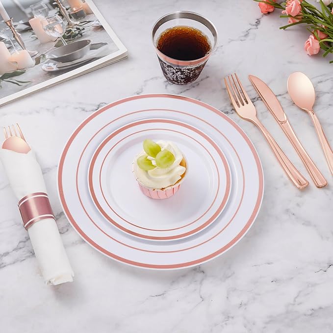 Goodluck 350 Piece Rose Gold Plastic Dinnerware Set for 50 Guests, Fancy Disposable Plates for Party, Include: 50 Dinner Plates, 50 Dessert Plates, 50 Pre Rolled Napkins with Silverware, 50 Cups