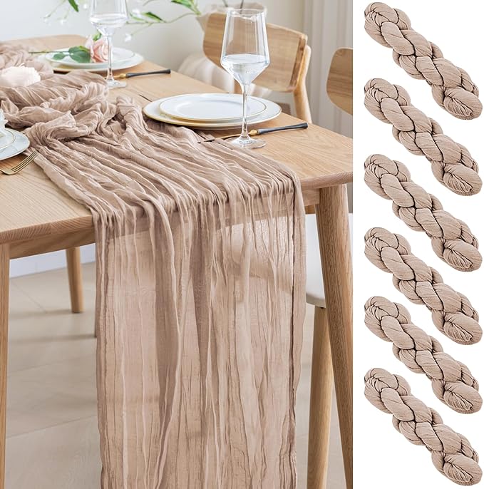 Asee'm 6pcs Cheesecloth Table Runner 120 Inches Long Nude Pink Boho Gauze Cheese Cloth Runner 10FT Rustic Sheer Table Runners for Christmas Wedding Party Baby Shower Spring Easter Decoration