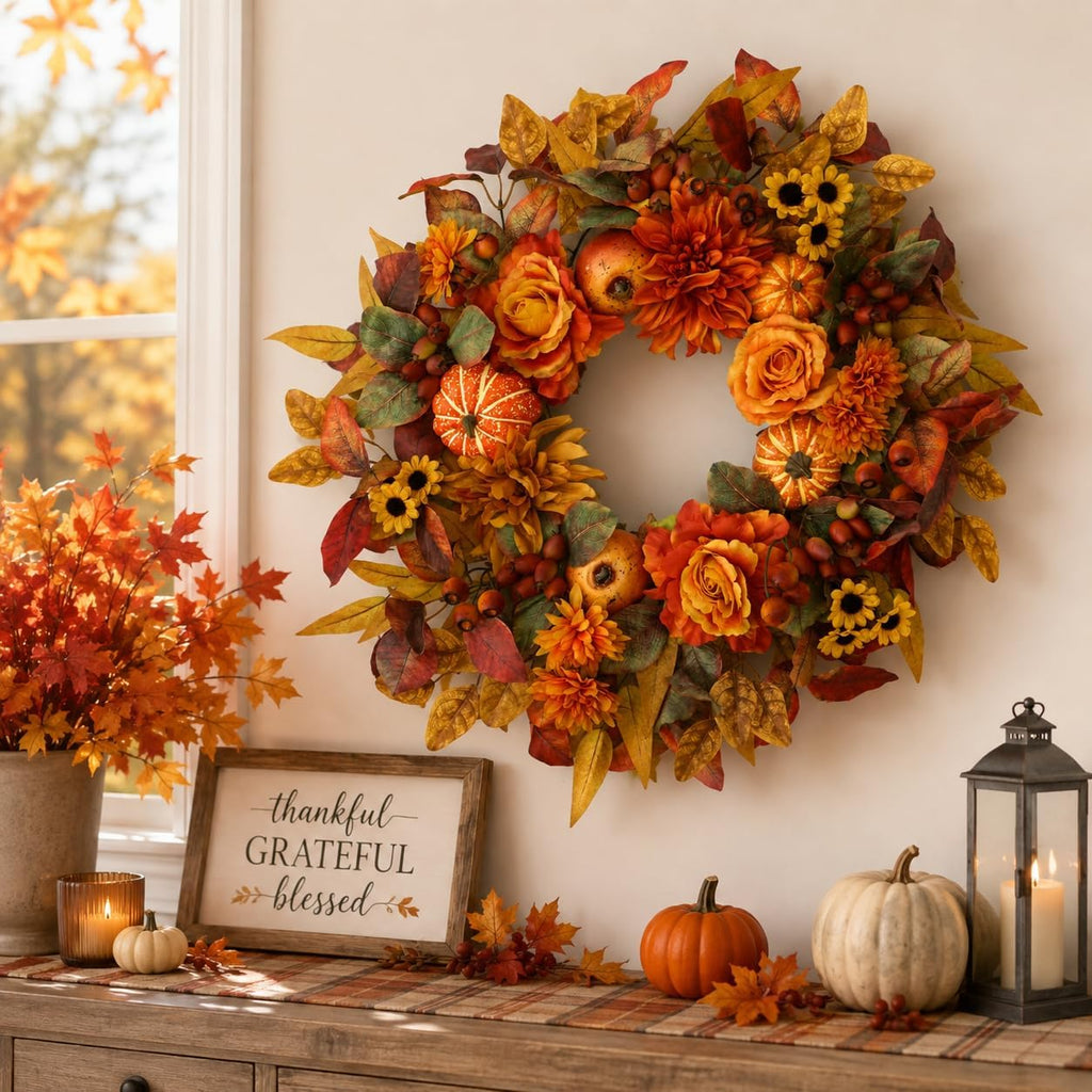 24 inch fall wreaths for front door autumn, side view