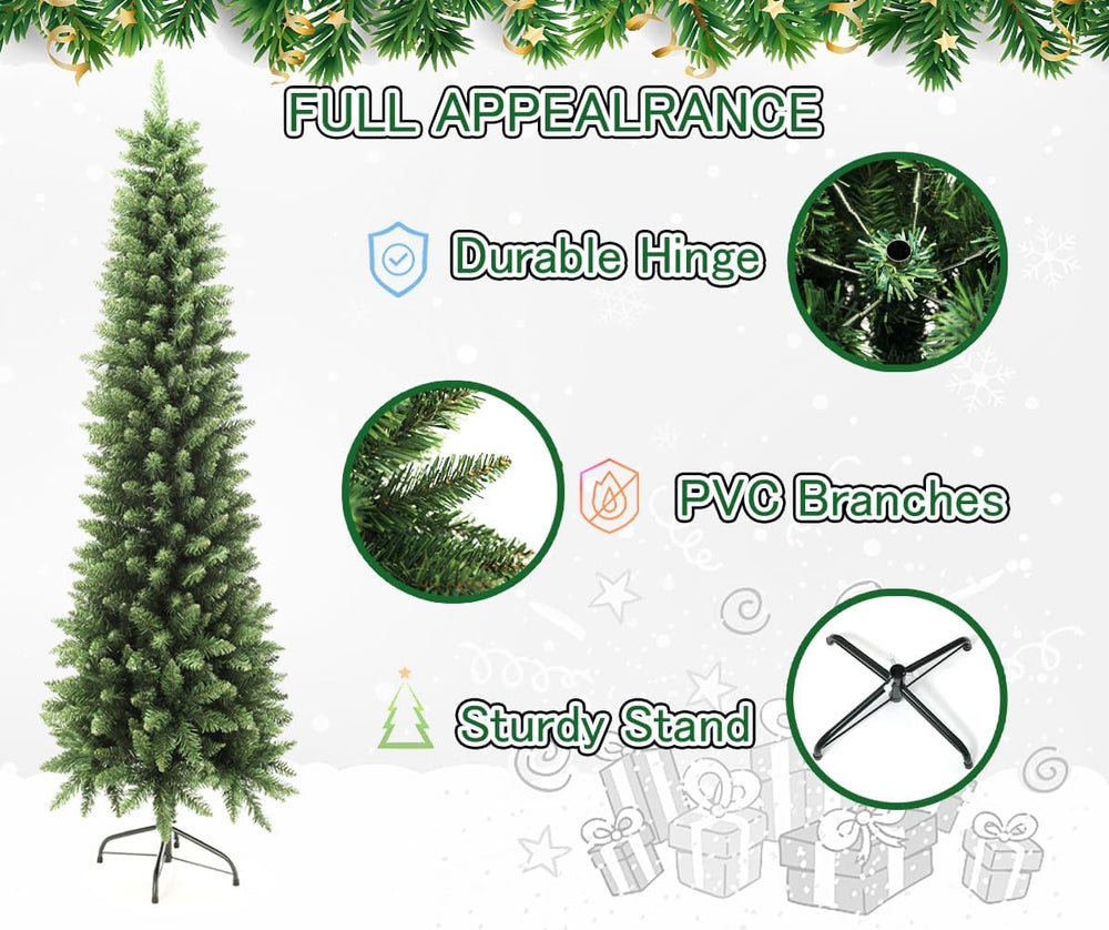 6ft Pencil Christmas Tree, 658 Tips Artificial Xmas Trees with Metal Stand