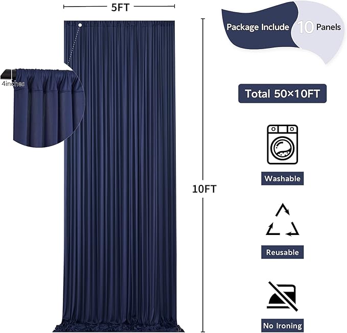 50 ft x 10 ft Wrinkle Free Navy Blue Backdrop Curtain for Parties,Polyester Photo Backdrop Drapes, Thick Background 10 Panels 5ft x 10ft for Baby Shower Wedding Birthday Party Backdrop Stand
