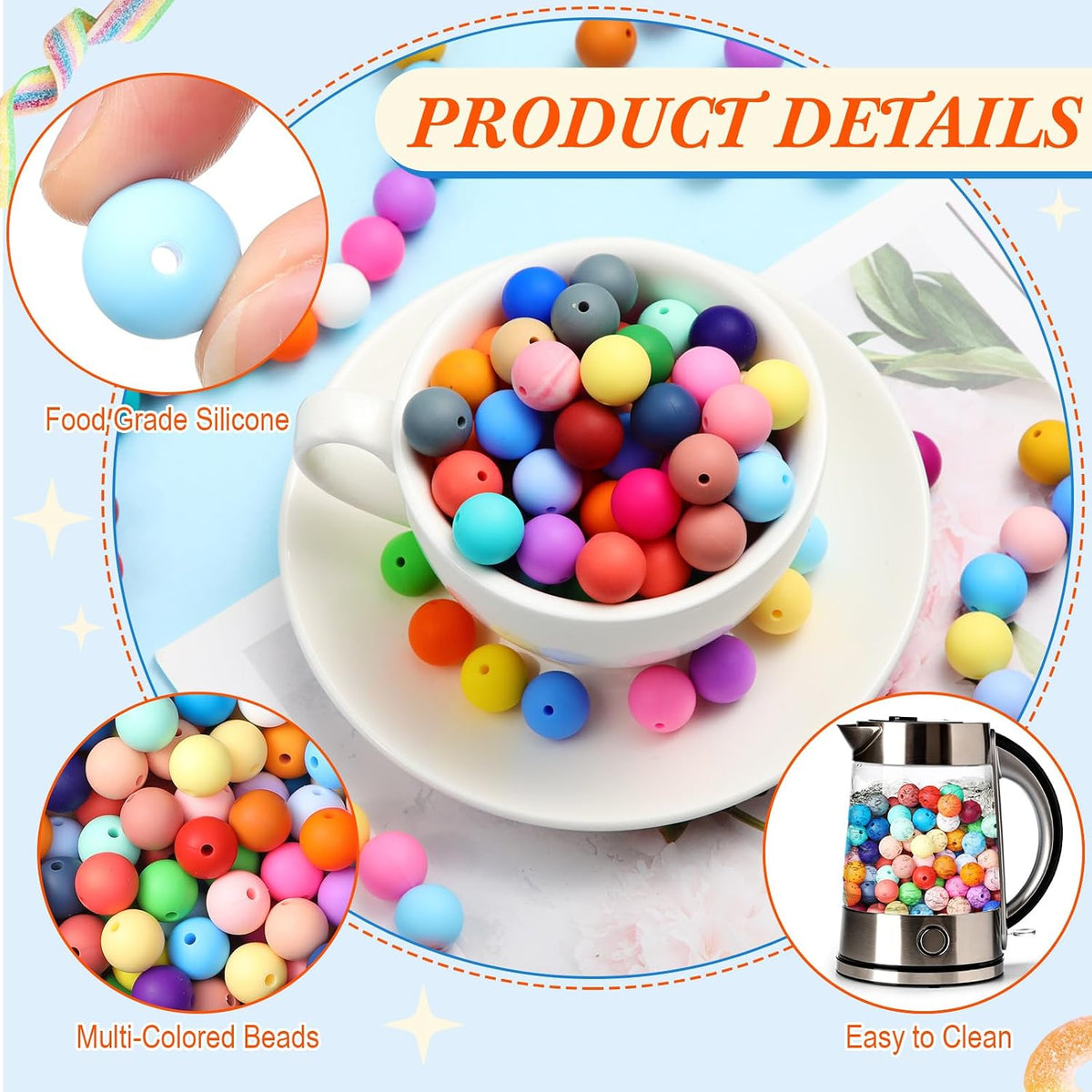 hotop 1200 pcs round silicone beads bulk for showing dimensions