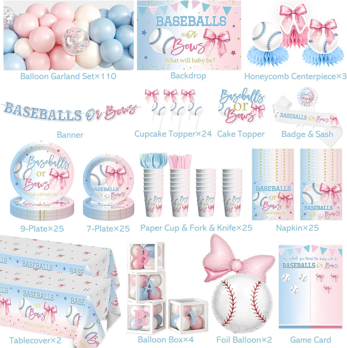 Cocomigo Baseballs or Bows Gender Reveal Decorations, Serves for 25