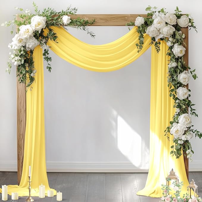 Socomi Wedding Arch Draping Fabric 3 Panels 29" x 19Ft Sheer Chiffon Curtain Drapes 6 Yards for Wedding Ceremony Birthday Party Decoration Yellow Gold