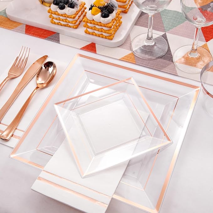 Festiva 350Pcs Rose Gold Plastic Plates - Clear Rose Gold Disposable Dinnerware Sets for 50Guests include 100 Plates 50 Cups 50Plastic Cutlery 50Napkins Perfect for Party&Wedding&Mother's Day