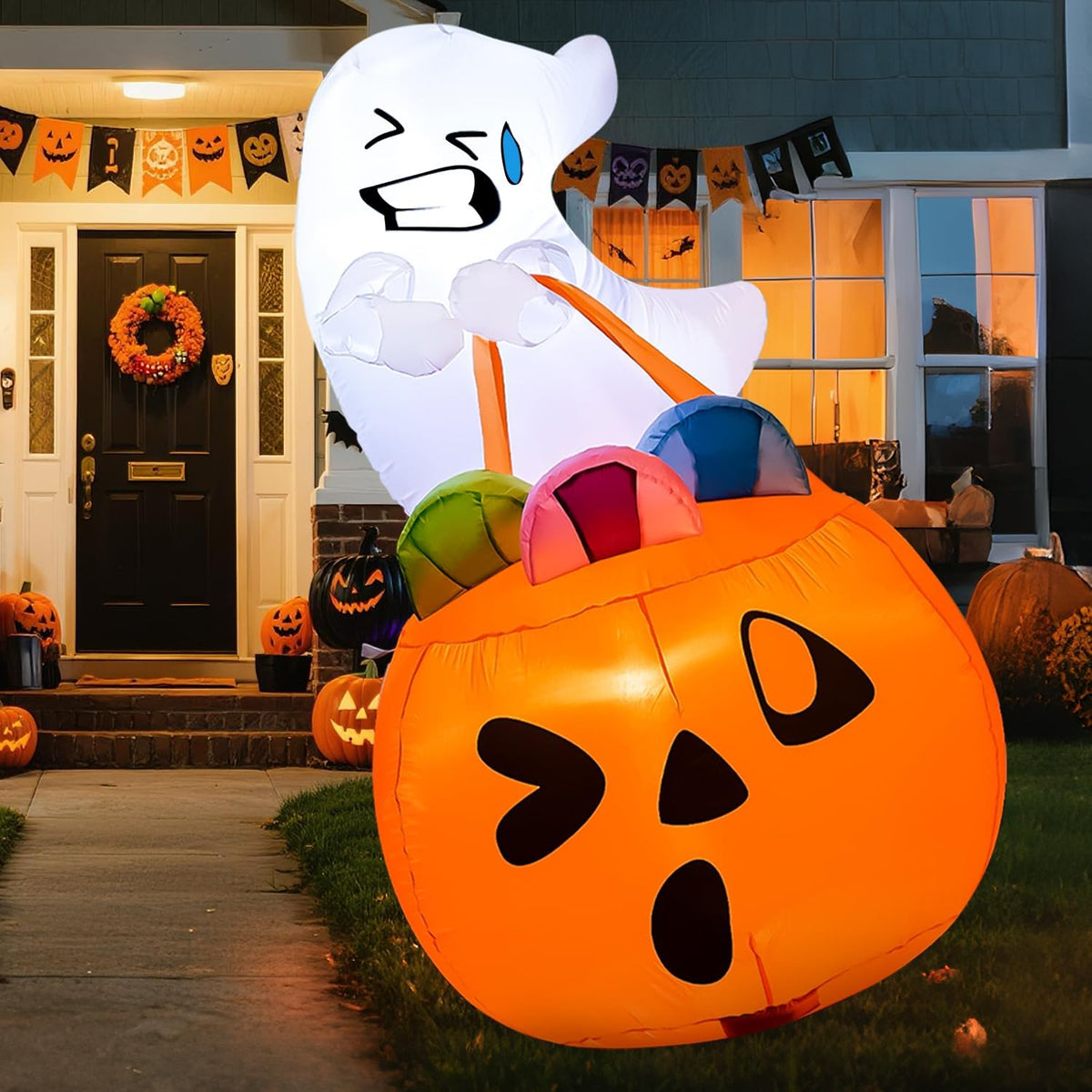 Joiedomi 5 FT Tall Halloween Inflatables Outdoor Decorations, Inflatable Cute Ghost Halloween Decor Outdoor, Blow Up Ghost Lift Pumpkin Candy Bag with Build-in LEDs for Yard Decorations