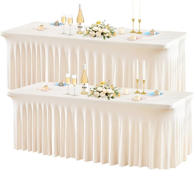 Wish Care 2 Pack Ivory Spandex Table Clothes for 6 Foot Rectangle Tables, 6FT Wrinkle Free Fitted Tablecloths Ruffles Design Table Cover for Party, Banquet, Wedding and Events