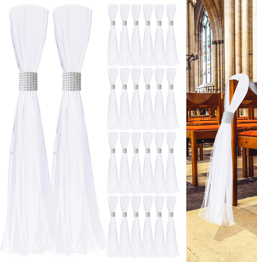 26 Sets Silver Large White Pew Bows Tulle Wedding Aisle Chair Decorations