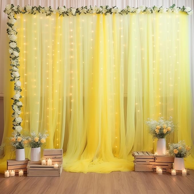30×10ft Yellow Tulle Backdrop Curtain with Lights String for Parties, Sheer Photo Backdrop Curtains for Wedding Party Photography Background