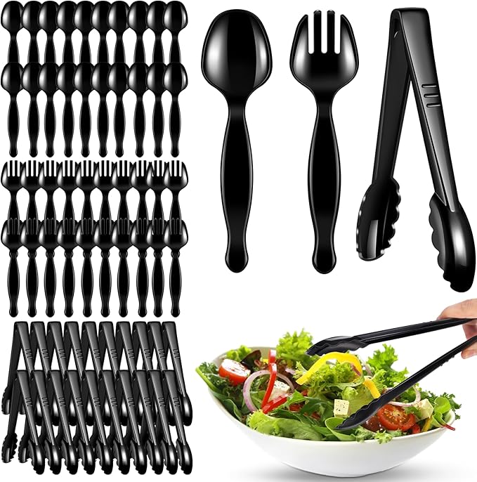 60 Pcs Disposable Black Plastic Serving Utensils,20 Set Including 9" Plastic Serving Spoons, Forks and Tongs for Dinner Parties, Buffets,Banquets, Events, Weddings, and Daily Use
