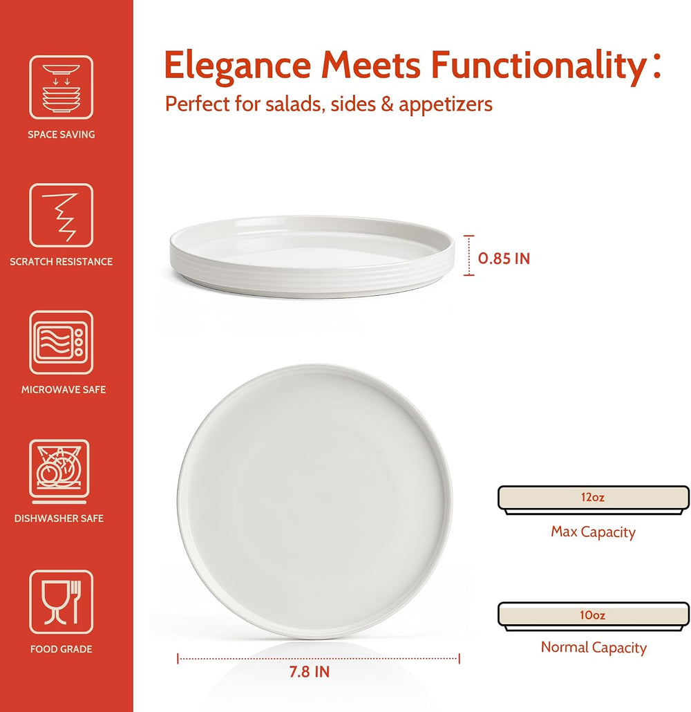 Sweese 7.8Inch Porcelain Flat Modern Dessert Small Plates Set of 6, White