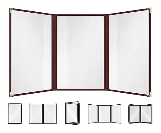 Goodsmart Restaurant Menu Covers – 25 Pack Burgundy 6-View Trifold 8.5" x 14", Side-Loading Vinyl & Plastic Menu Holders, Clear Menu Sleeves, Leather-Style Café Covers with Gold Corners