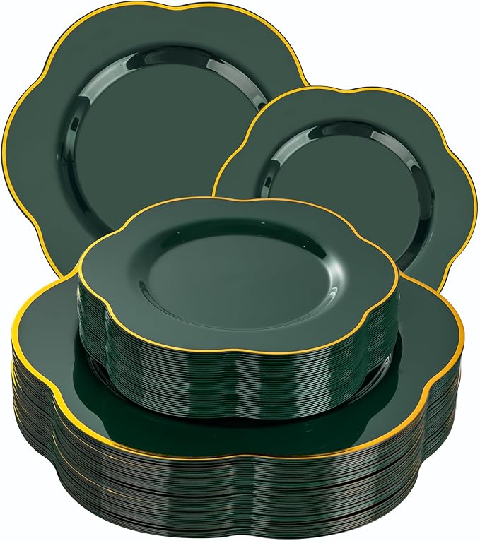 Liacere 50PCS Green Plastic Plates - Heavy Duty Disposable Plate-Green and Gold Include 25PCS Dinner Plate, 25PCS Dessert Plates for Easter&Baby Shower Gifts