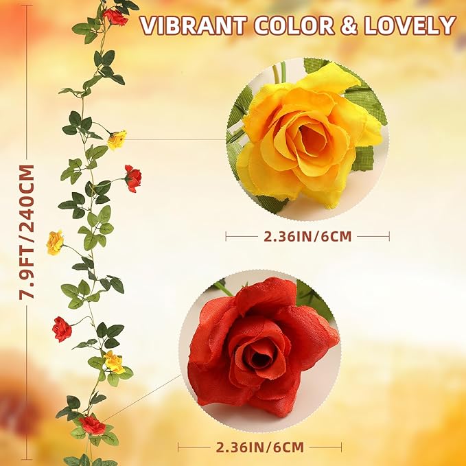 Floweroyal 4 Pack Artificial Flower Garlands 15.8FT Fake Rose Vines Silk Flowers Hanging Rose Ivy for Wedding Arch Party Home Garden Wall Decor (Orange Yellow)
