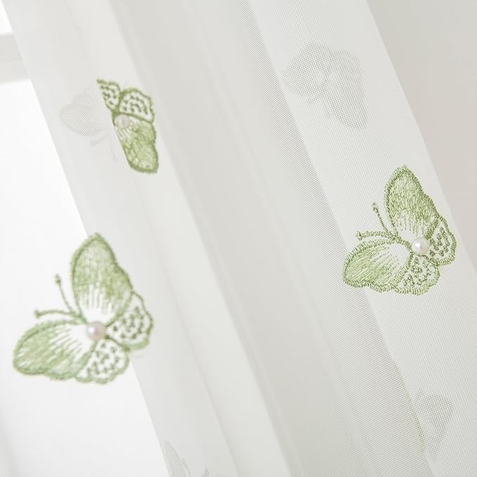 VISIONTEX White Sheer Voile Curtains, Decorative Green Embossed Butterflies Rod Pocket Window Drapes for Home Kitchen, Living Room and Bedroom 54 x 72 Inch, Set of 2 Curtain Panels