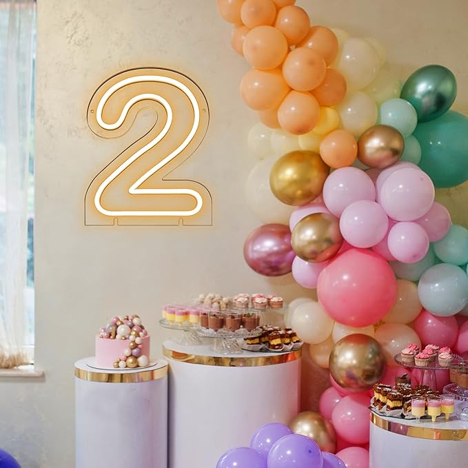 Number 2 LED Neon Sign Backdrop Birthday Party Decoration, 11.3" Height Warm White Marquee Number Two Light Up Sign for Wedding Anniversary Window Wall Table, Indoor Battery Operated or USB
