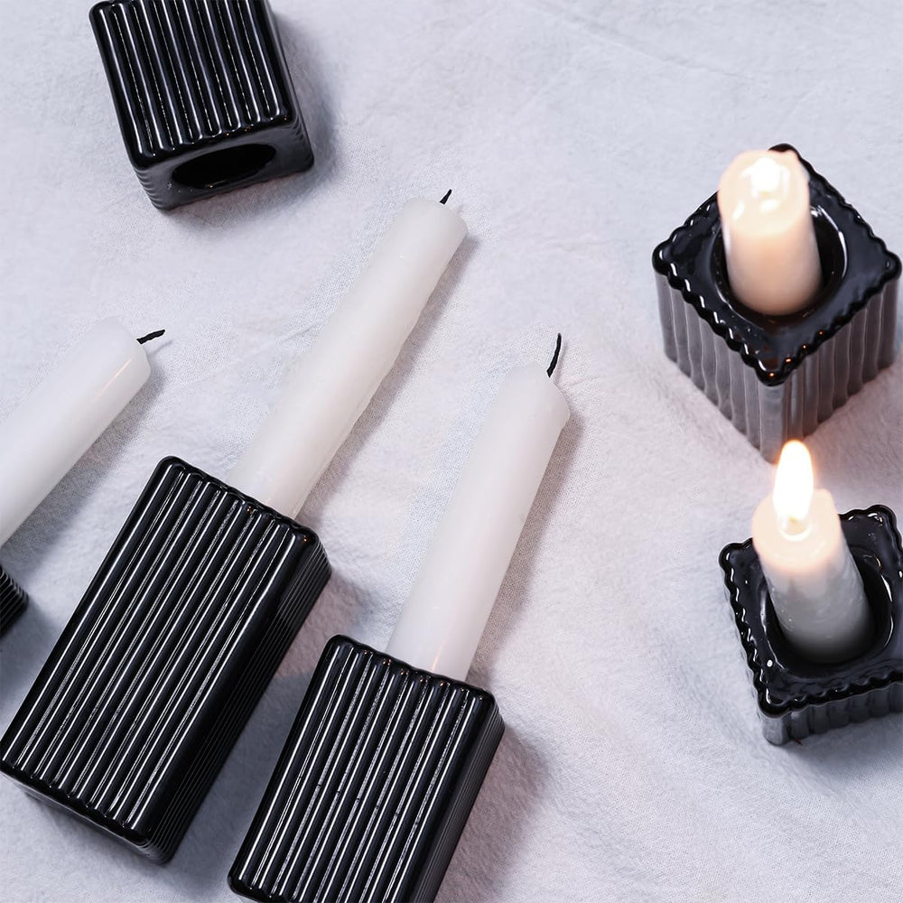 LETINE 12pcs Black Vertical Stripe Glass Candlestick Holders - Chic Taper Can...