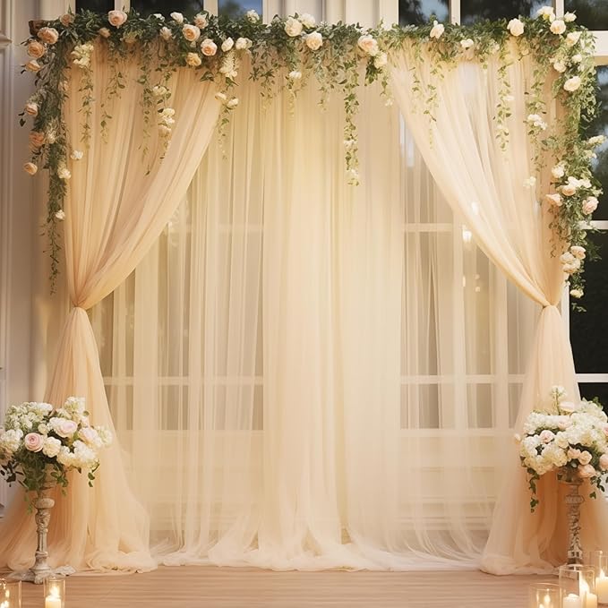 20x10 Champagne Tulle Backdrop Curtains for Parties, Sheer Backdrop Curtain Wedding Photo Backdrop Drapes for Baby Shower Photography Birthday Party