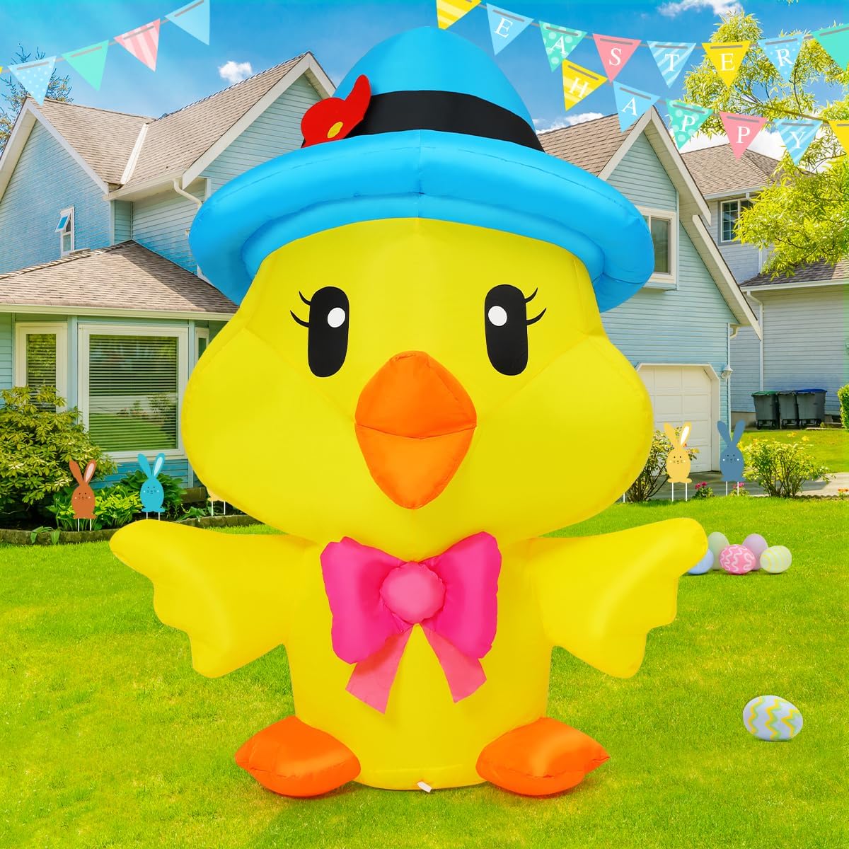 GOOSH 5.2 FT Easter Inflatables Chicken Outdoor Decorations Blow Up Yard with Blue Hat Built-in LEDs for Indoor Party Garden Lawn Decor