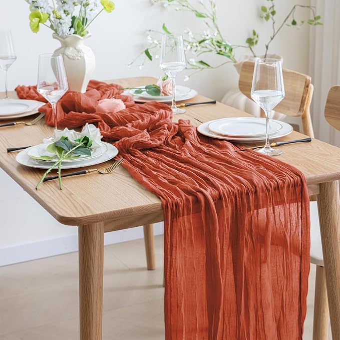 Asee'm 6pcs Cheesecloth Table Runner 120 Inches Long Terracotta Boho Gauze Cheese Cloth Runner 10FT Rustic Sheer Fall Table Runners for Thanksgiving Christmas Wedding Party Baby Shower Decoration